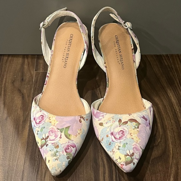 Christian Siriano for Payless, off-white floral sling back, 3” heel pointy shoe - Picture 1 of 12